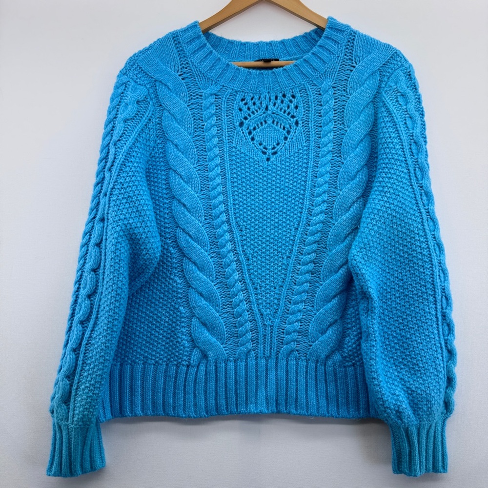 Talbots Balloon Sleeve Cable Knit Sweater Size XL Petite Turquoise Cozy Crewneck